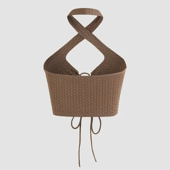 Cider Cut-Out Halter Tank Top with Corset Front + Cross Neck Tie in Brown | S - Picture 5 of 9